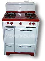 1953 30” wide Wedgewood Vintage Stove, with Red Porcelain Cook-Top and Kick-Plate, with Red  Knobs and Handles