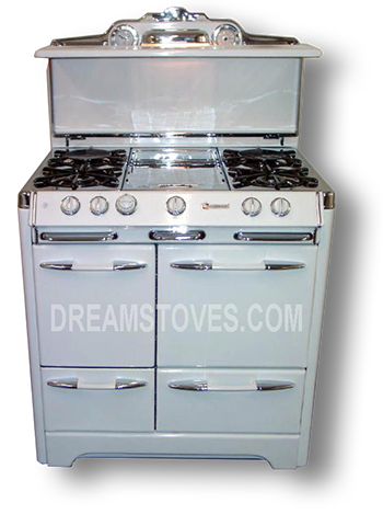 1951 O'Keefe & Merritt Antique Stove, Model 420&nbsp; in white exterior Porcelain, with white Knobs and Handles Available from DreamStoves.com