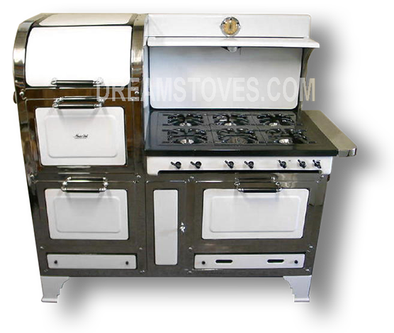 1930s Magic Chef 6300 Series Antique Stove, in White Porcelain, with Black Knobs and Handles Available from DreamStoves.com